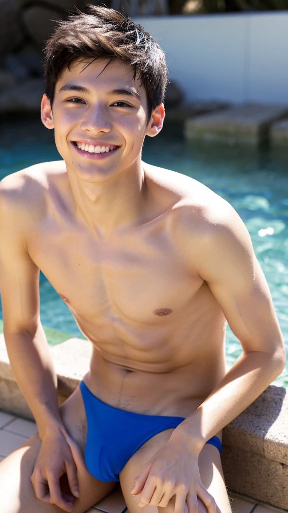 male Age 19 swimwear topless smile