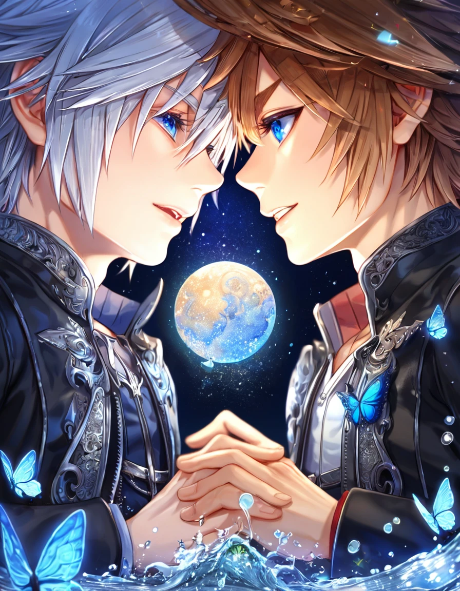 absurdres, highres, ultra detailed, HDR, master piece, best quality, extremely detailed, Riku, gray hair, expressive blue eyes, Kingdom Hearts, Sora, brown hair, expressive blue eyes, two sexy men together, gay couple, yaoi, handsome, black jacket, fantasy, water, sparkling, blue glittering fireflies, blue moon, blue flowers, blue butterflies, starry sky