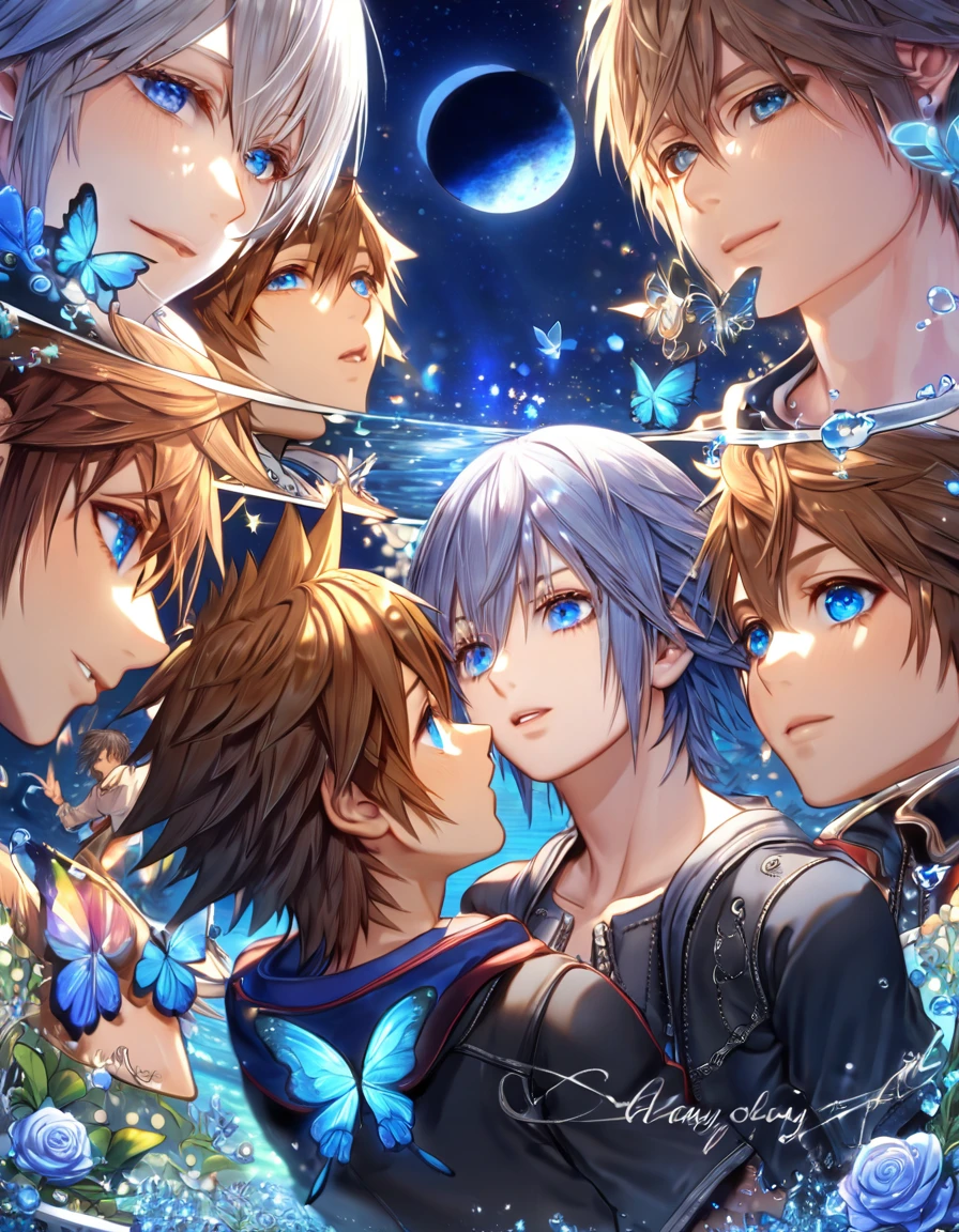 absurdres, highres, ultra detailed, HDR, master piece, best quality, extremely detailed, Riku, gray hair, expressive blue eyes, Kingdom Hearts, Sora, brown hair, expressive blue eyes, two sexy men together, gay couple, yaoi, handsome, black jacket, fantasy, water, sparkling, blue glittering fireflies, blue moon, blue flowers, blue butterflies, starry sky