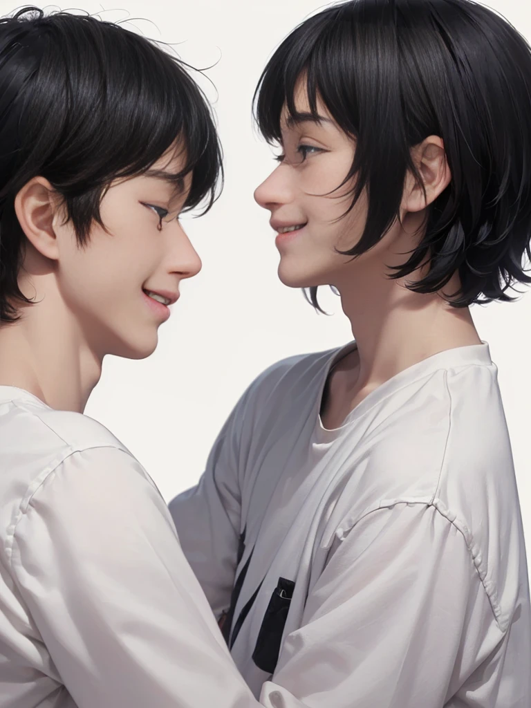 (((Masterpiece))), (high quality), one Japanese boy, 18 years old,(tall and thin,sleepy droopy eyes, long face,thin cheeks:1.5),(black shaggy short hair,blank expression,smile:1.5),Short Hair,Perm,White shirt,(profile:1.5),(Plain background:1.5),
