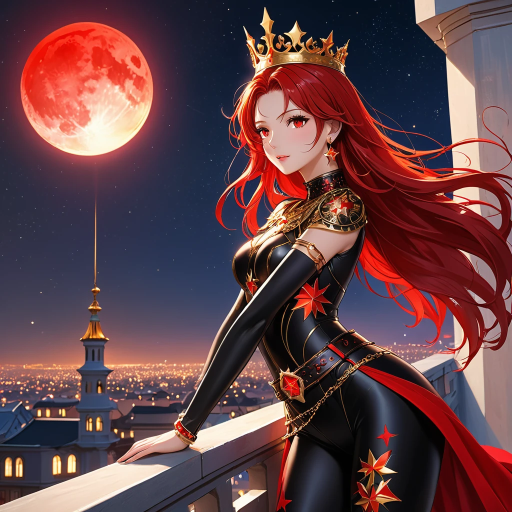 A Beautiful e with a beautiful figure, long, flowing crimson red hair, fair skin tone, and crimson red eyes. She is clad in a black bodysuit with a Red Star pattern on it, gold bands on her wrist, upper arm, belt, and accessories, including gold crown that is shaped after sun rays. She also have gold earrings in the shape of sun. She is standing on top of a building in the night, with the night sky full of stars, and the moon, her hair and eyes glowing crimson color.