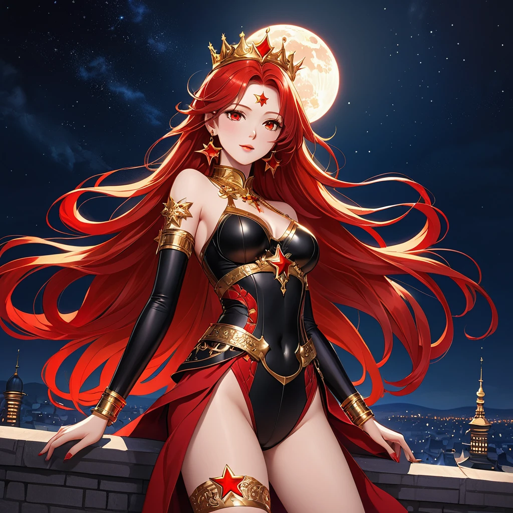 A Beautiful Heroine with a beautiful figure, long, flowing crimson red hair, fair skin tone, and crimson red eyes. She is clad in a black bodysuit with a Red Star pattern on it, gold bands on her wrist, upper arm, belt, and accessories, including gold crown that is shaped after sun rays. She also have gold earrings in the shape of sun. She is standing on top of a building in the night, with the night sky full of stars, and the moon, her hair and eyes glowing crimson color.
