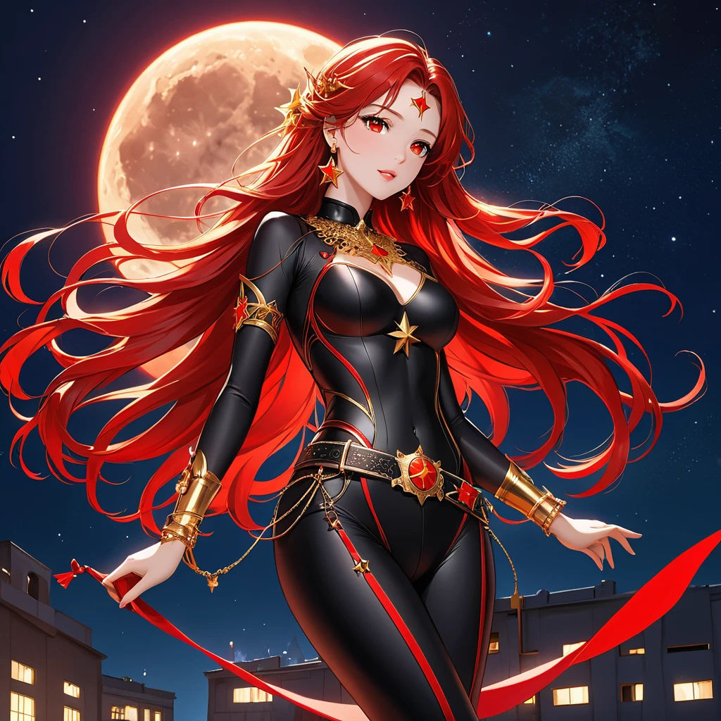 A Beautiful Heroine with a beautiful figure, long, flowing crimson red hair, fair skin tone, and crimson red eyes. She is clad in a black bodysuit with a Red Star pattern on it, gold bands on her wrist, upper arm, belt, and accessories, including gold crown that is shaped after sun rays. She also have gold earrings in the shape of sun. She is standing on top of a building in the night, with the night sky full of stars, and the moon, her hair and eyes glowing crimson color.