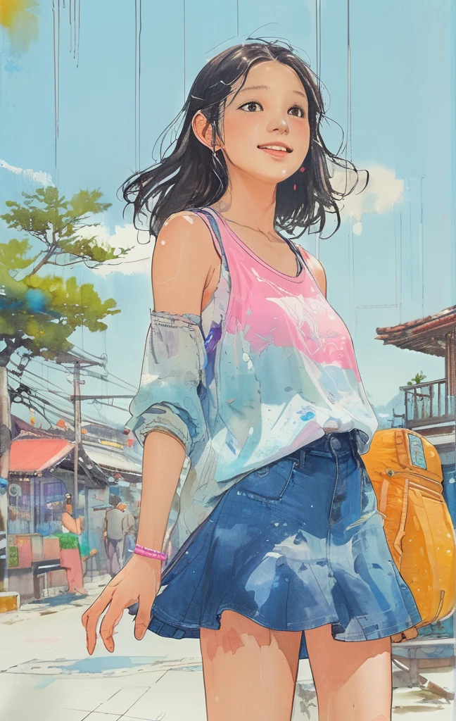 Singin' in the Rain、8K,masterpiece,Highest quality, (From below:1.6) ,Dynamic pose,30 years old, 1 Girl, holding a big bouquet,Portraiture, florals, watercolor sketch, Light, Long Hair, smile, watercolor \(Moderate\),watercolor,Plain Tank Top,Plain Light blue sweater,Long skirt、Transparent cartoon girl sketch drawn with neon purple pink lines, Sitting at the bus stop, Rural Scenery, Summer day, Light blue ruffled swimsuit