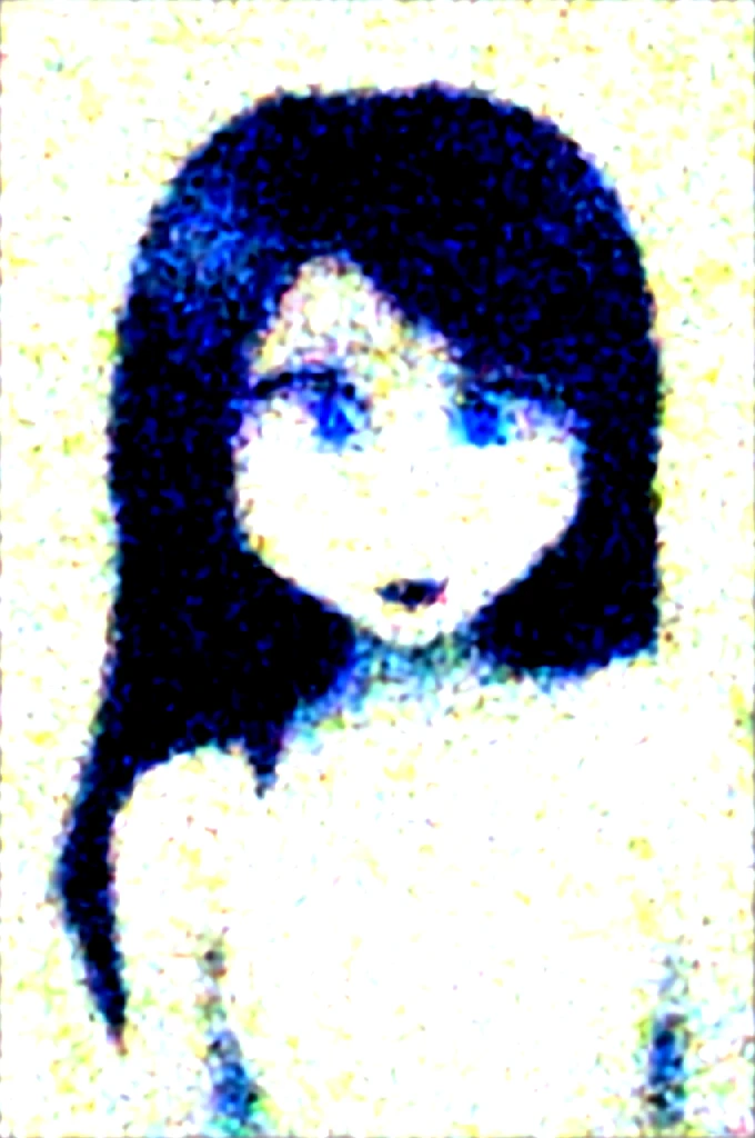 EdgGesugao facial expression, curvy blue eyed girl with long wavy black hair and small breasts