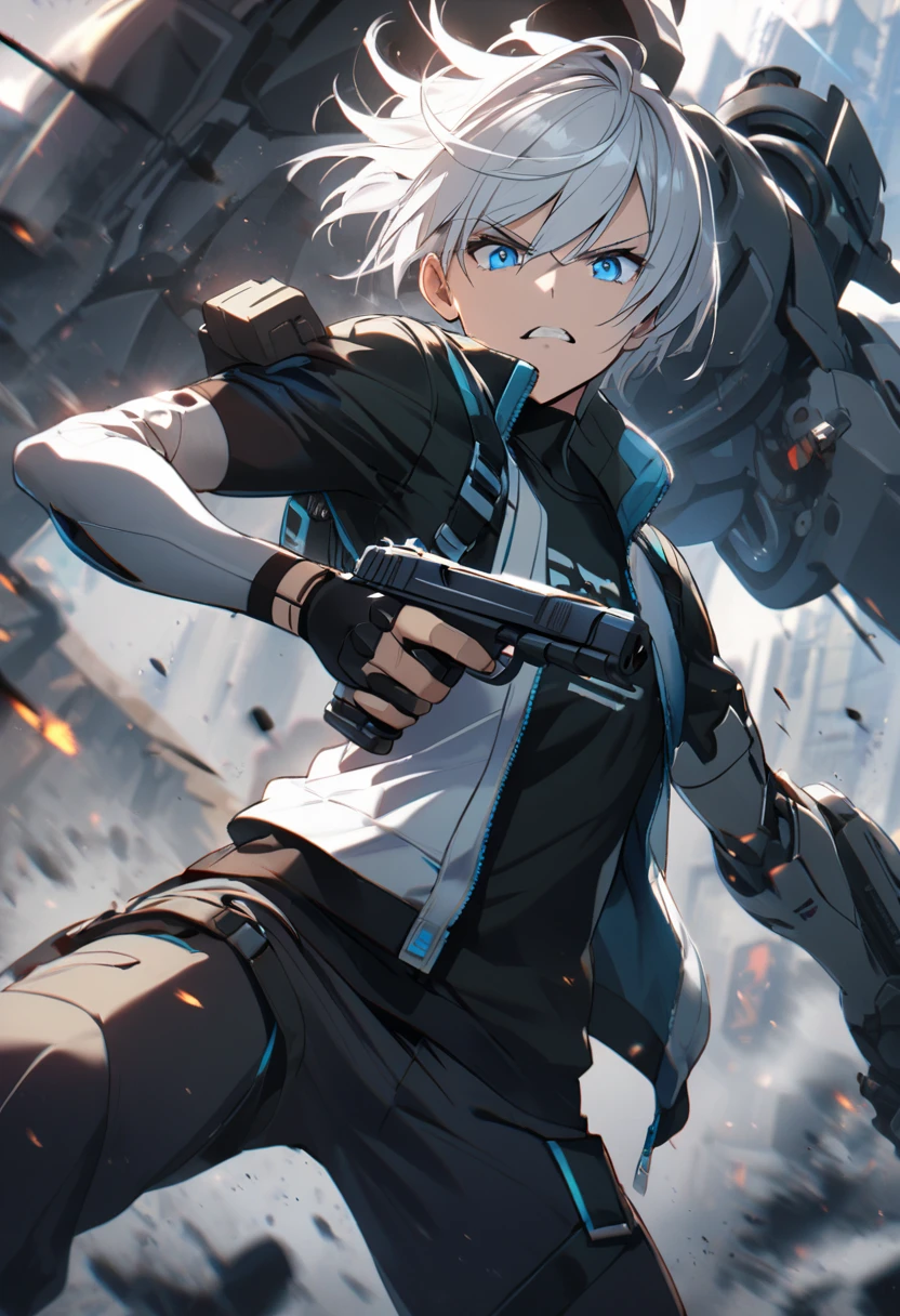 1man, white hair, 1mech arm, holding pistol, blue eyes, tech wear, look to viewer, open jacket, attack