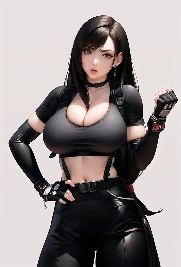 Anime girl with black hair and black leather pants holding a cell phone., Tifa Lockhart, Tifa, Tifa Lockhart portrait, seductive Tifa Lockhart portrait, Tifa lockheart, portrait of Tifa Lockhart, glamorosa Tifa lockheart, Tifa Lockhart with white hair, anime rudo 8k, portrait ninja gaiden girl, female anime character, Thick