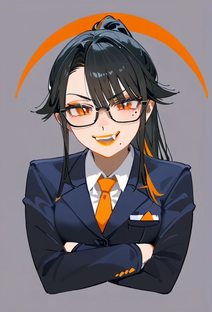 masterpiece, best quality, full body, score_9,older woman,orange lipstick,secretary outfit,siren glasses,arms crossed,mole,ponytail,orange and black hair,black hair,orange streaks,fangs,smirk,close up