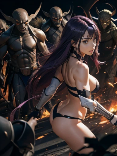 Highest quality、Anime Style、Captured by mutants、Surrounded by many mutants、defeat、Beautiful woman with very long purple hair、White Armor（Small breasts、I can see her cleavage、No sleeve、Off the shoulder、Sleeveless、No elbow pads、belly button、High Leg、Exposed thighs）、White Armorのブーツ、Tears overflow、Crying face、be scared、run away、Collapse、Attacked by many mutants 1:5、Many violent mutants 1:5、Many mutants grabbed his arm　Mutant attacks from behind、Many mutants grab the leg、Mutant Swarm 1:5、darkness、Different world、Dark fantasy、rape、Pitch Black Hell