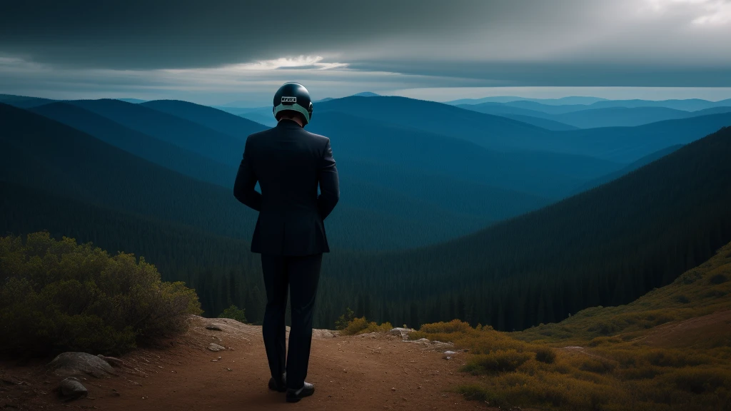 A Luxury Sales Suit man wearing a black rider full-face helmet overlooking wilderness,full body,standard rider black full face helmet,back view of the man, background is a wilderness,a man overlooking wilderness,a man overlooking wilderness,a man overlooking wilderness,a man overlooking wilderness,a man overlooking wilderness,full body,full body,full body,full body,with black rider full-face helmet,with black rider full-face helmet,with black rider full-face helmet,wearing black rider full-face helmet,wearing black full-face helmet,wearing black full-face helmet,overlooking wilderness,overlooking wilderness,Back view,Back view,Back view,Back view,Draw people small,Draw people small,Spectacular views,Spectacular views,Spectacular views,lonely man,lonely man,a black full-face helmet,a black full-face,A Luxury Sales Suit man,with Luxury Sales Suit