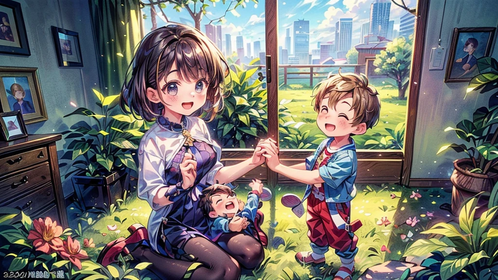 score_9,score_8_superior,(((Highest quality、Masterpiece、Official Art、The best dynamic composition、Super detailed)))、(((Single Mother)))、(((A 25-year-old mother and her 3--old are holding hands and smiling happily)))、Heartwarming、A gentle smile、A sparkling world、Gentle sunlight、