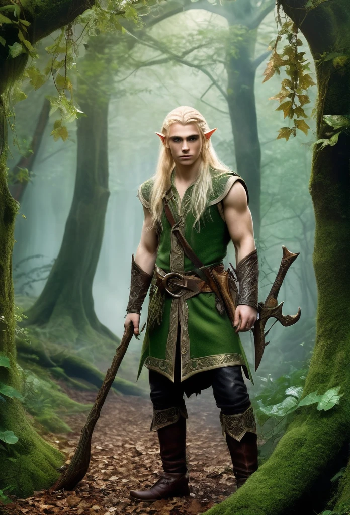 Young guy elf,lamberjack,blond(full body),long hair, defined body, tattooed,in a magical forest)light mist,he is a mystic forest, he's very detailed adorned with leaves and vines, he's carrying woods on sholder,and a axe in his handhe has a sensual and sad look