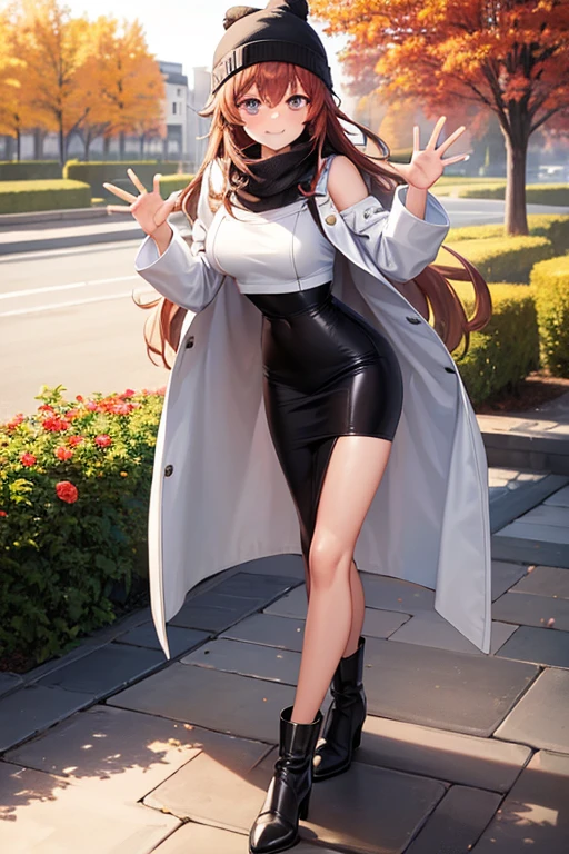 1girl, woman wearing white leather jacket, crop top, tight midi pencil skirt black, long length pencil skirt, modest skirt, long brown hair, looking at viewer, full body, waving, smile, blush, boots, garden, fall, large bust, beanie, scarf