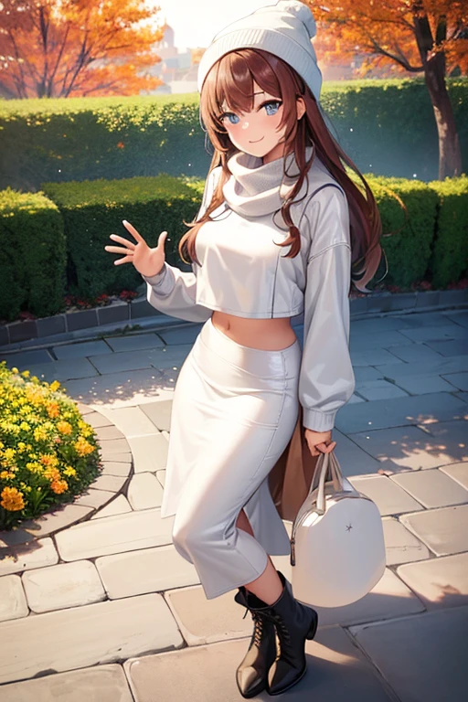 1girl, woman wearing white leather jacket, crop top, tight midi pencil skirt black, long length pencil skirt, modest skirt, long brown hair, looking at viewer, full body, waving, smile, blush, boots, garden, fall, large bust, beanie, scarf