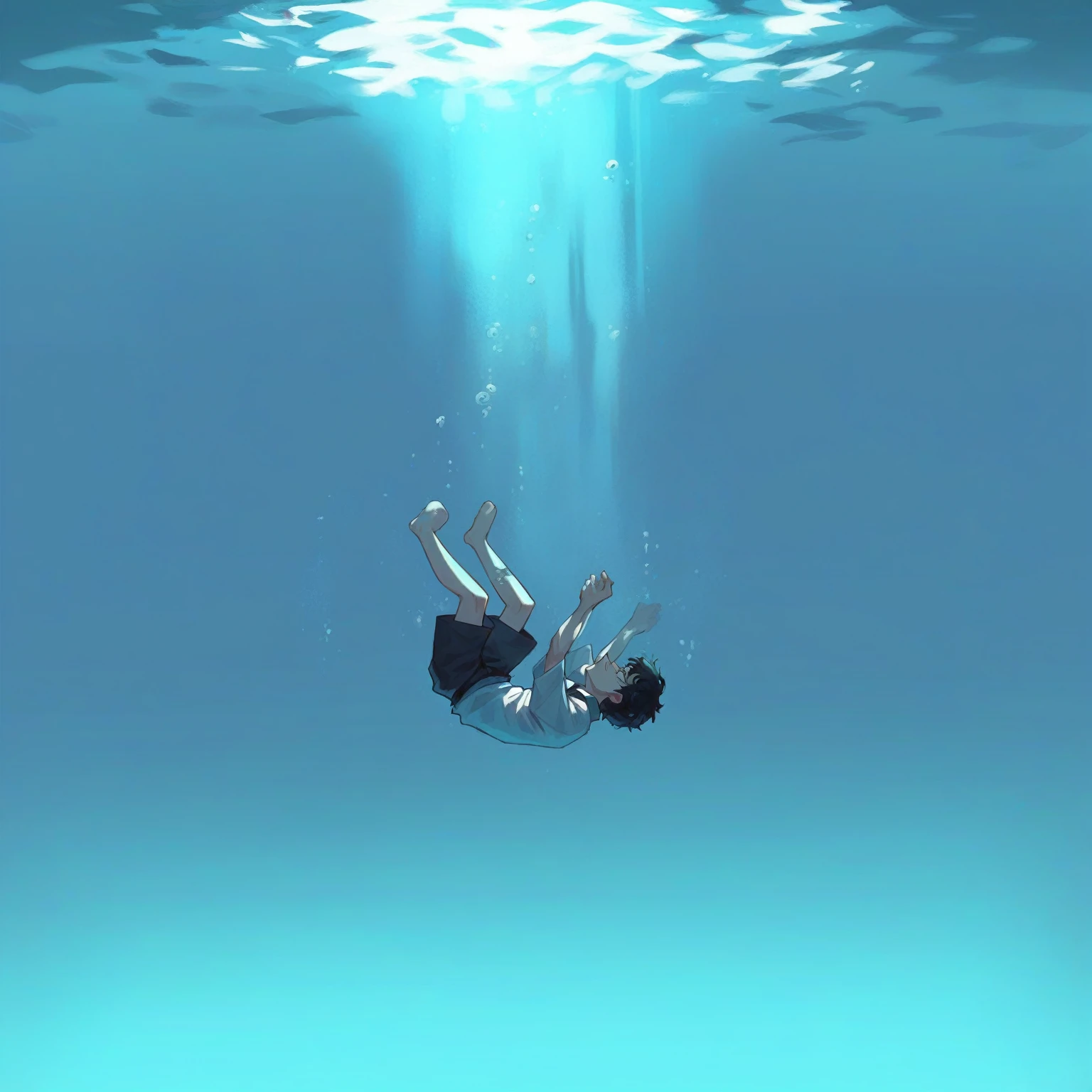 sink into the sea boy in uniform transparent image The sun is shining on the water Underwater illustration Highest quality 4K