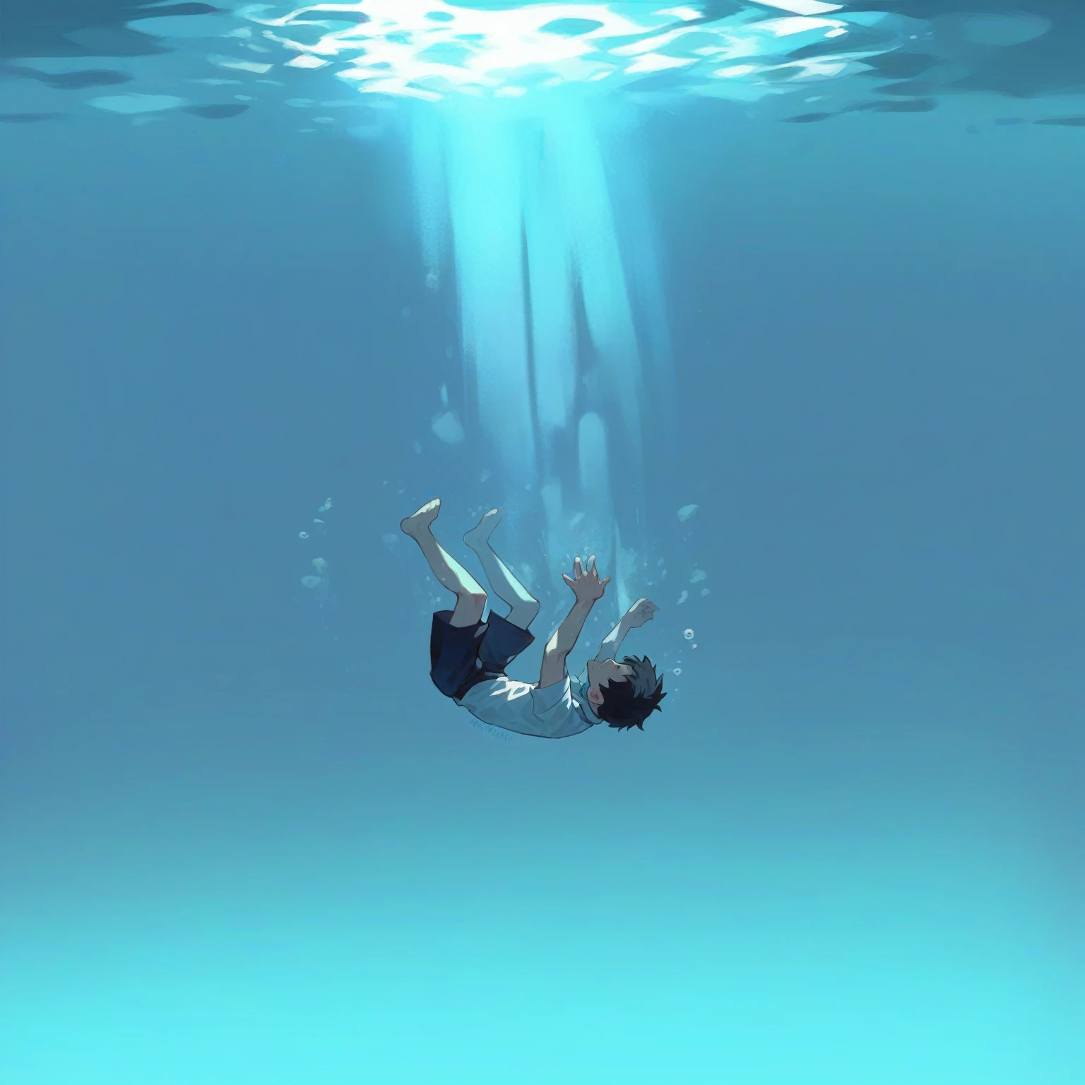 sink into the sea boy in uniform transparent image The sun is shining on the water Underwater illustration Highest quality 4K