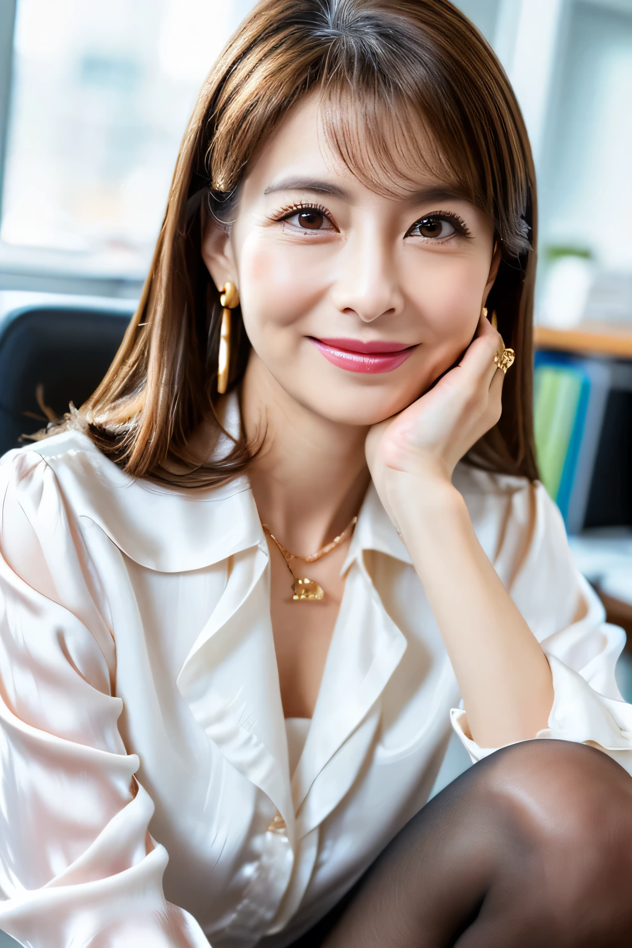 (RAW Photos:1.2), (Realistic), Beautiful details, (Genuine: 1.4), Very detailedな目と顔, Beautiful and detailed, Standing in the office、(Ultra-realistic pantyhose、High heels)、Large file size, High resolution, Very detailed, Highest quality, [masterpiece:1.6], Consciousness upward, Very detailed, Hmph, In detail, Highest quality, 8k wallpaper, One Mature Woman, 43 years old, Perfect figure, Large Breasts、Cute droopy eyes,Beautiful big eyes、Peak Finger, ((Tabletop)), Highest quality, One Mature Woman, eye shadow, Portraiture,((Extra long brown hair:1.2))、((Gold Necklace＿Large earrings:1.2)), ((Office Lady,white Office Blazer,luxurious silk blouse,white Office Skirt:1.3)),((A shy smile:1.3)),((Place your left hand gently on your chin:1.3))