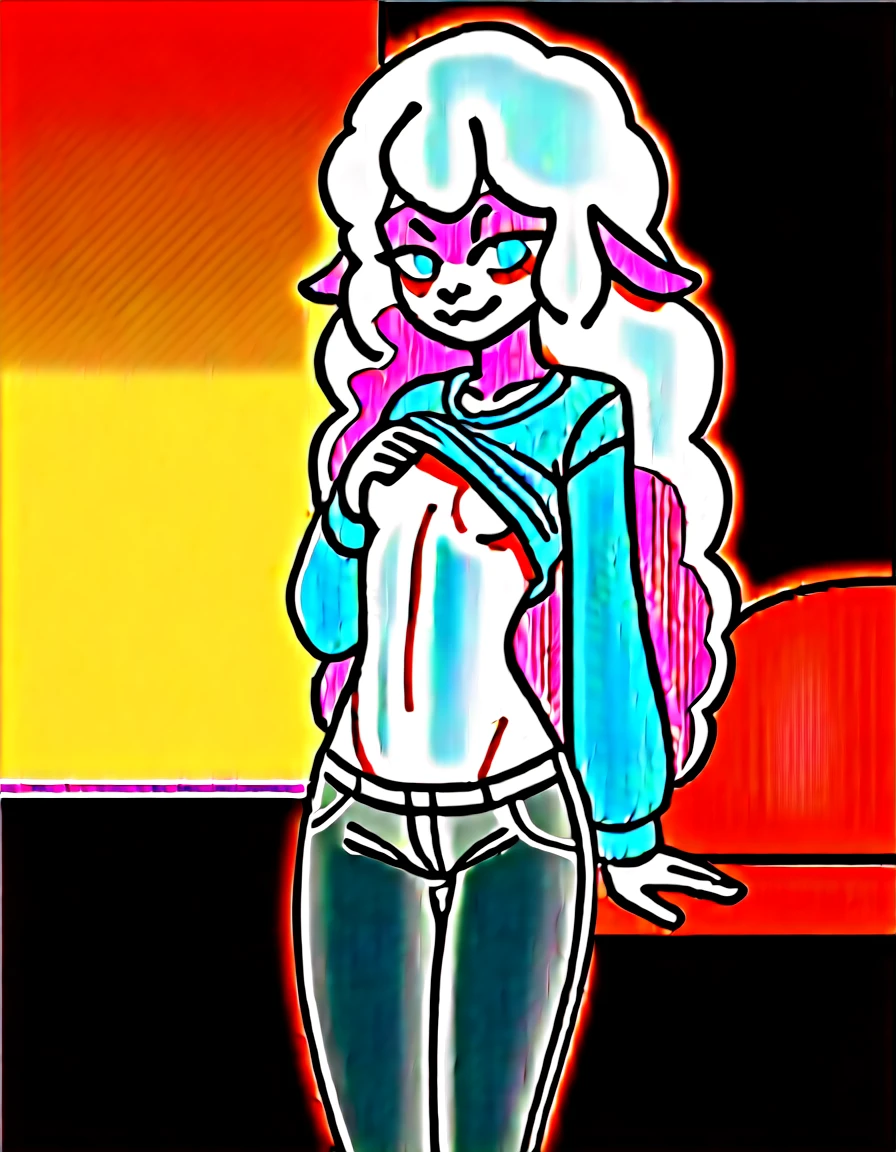 Half-closed eyes, smug smile , 1girl, anthro, furry, fur, fluffy fur, sheep girl, trying to lift her sweater to show you her bra, blue sweater, one closed eye, baggy pants, torn pants, (bedrood, sunset), long hair, score_9, score_8_up, score_7_up, score_6_up, score_5_up, score_4_up