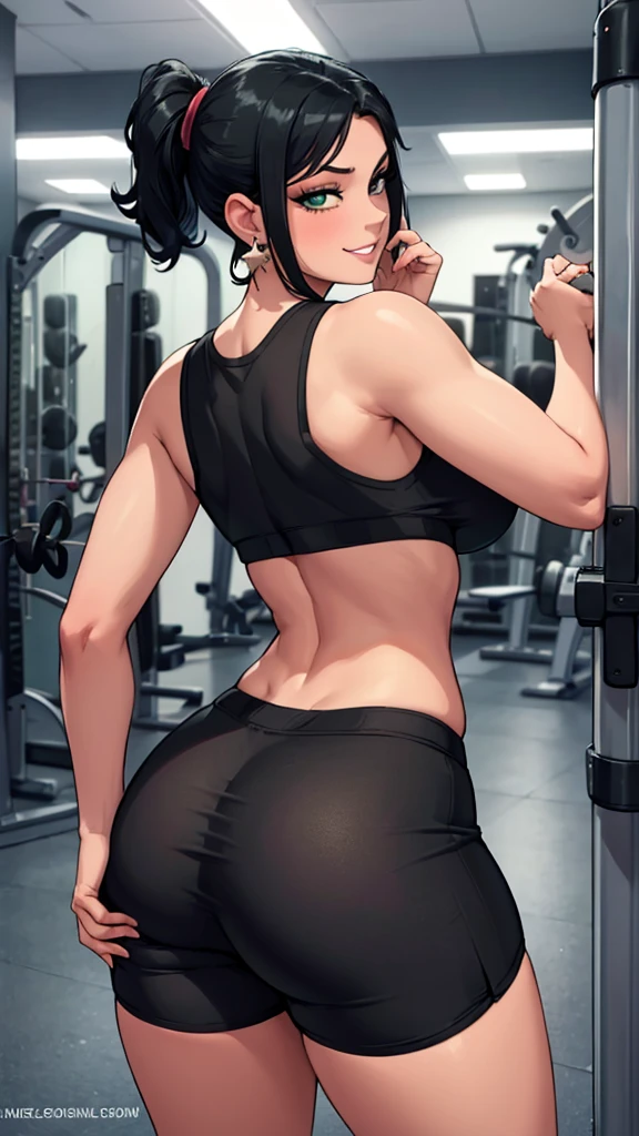 30 year old woman, seducing smile, short black hair, star shaped earrings, greeneyes, wearing gym clothes, with half a bite, standing backwards, big-ass, focus on the ass, Suada