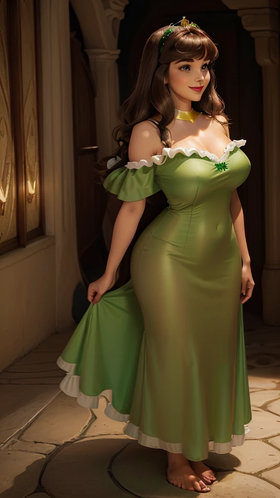 DisneyAurora, 27 years old, full body view Beautiful woman (((shoulder length light brown brown hair, two side up with bangs))) defined body, voluptuous, sexy, cherry red lipstick, arms by her sides, hands free, happily smiling, standing facing camera((( bright green nightgown ))), in a moonlit palace courtyard, (large_breasts:1.4) (curvy:1.1)