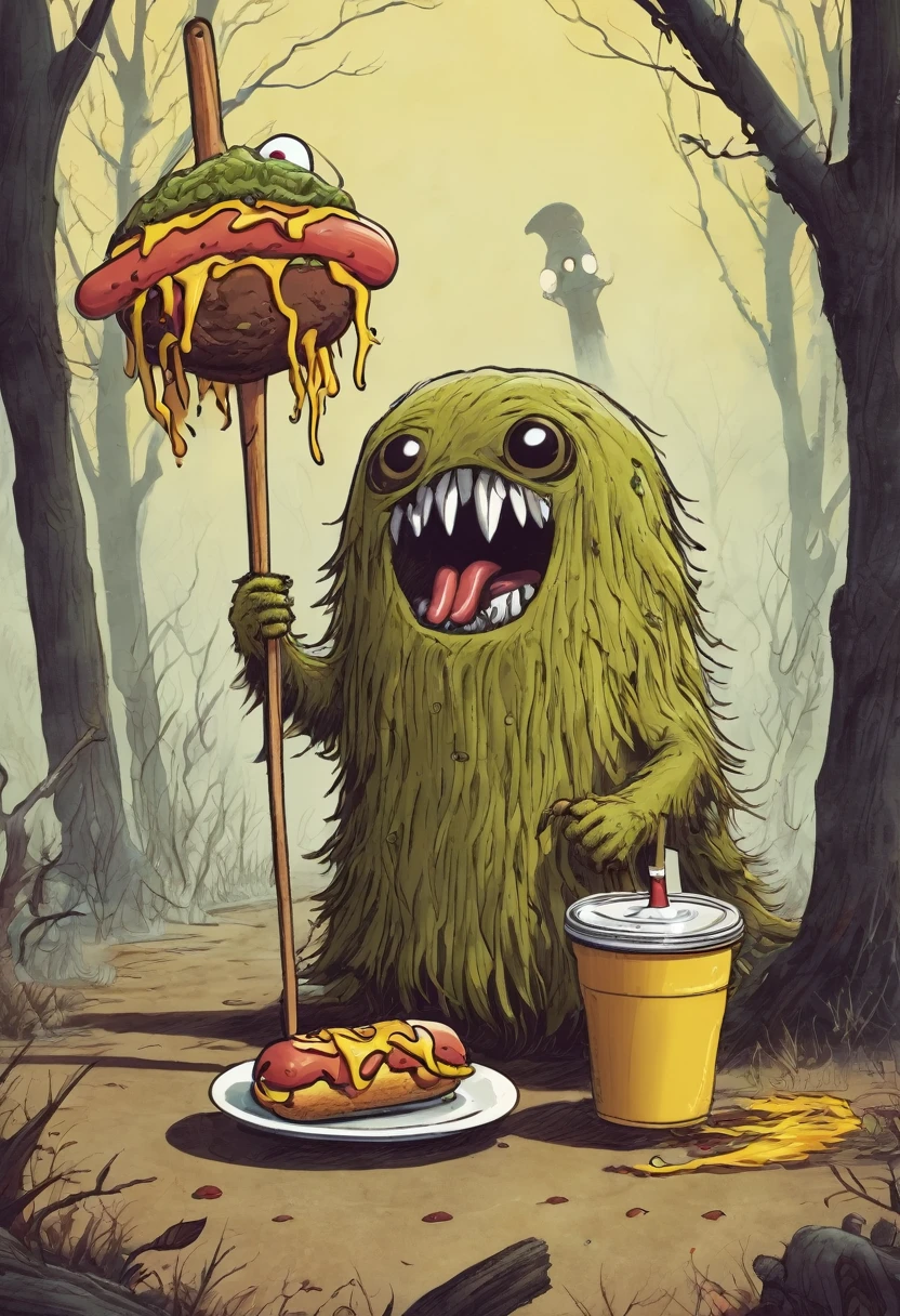 a broom monster, tiny , with a terrifying killer face, eating a hot dog.