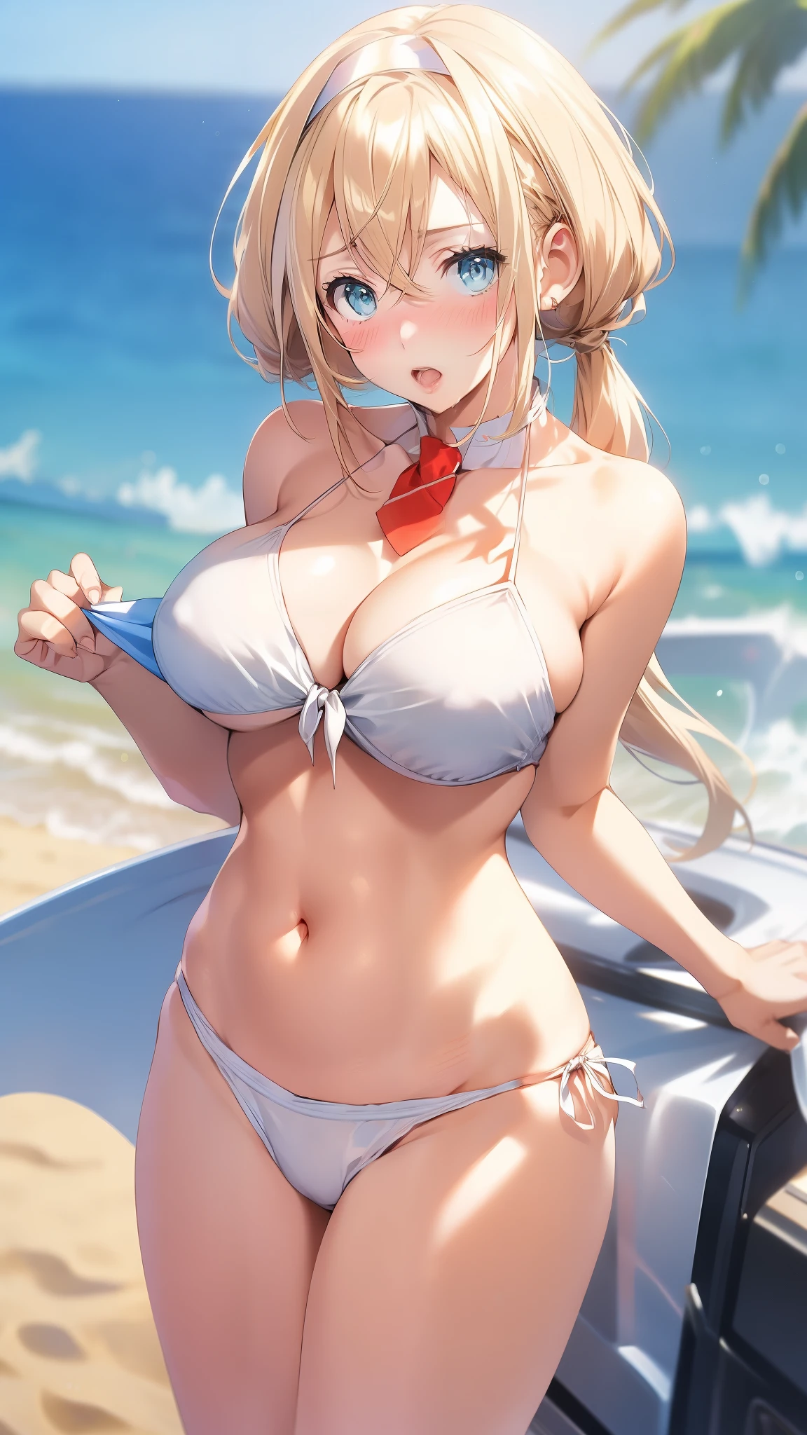 blonde hair,milf,blue eyes,open mouth,big breasts,blush,cowboy shot,,solo,,front tie top,white bikini,beach,cleavage,navel,low twintail,hair band , narrow waist ,stomach,navel 