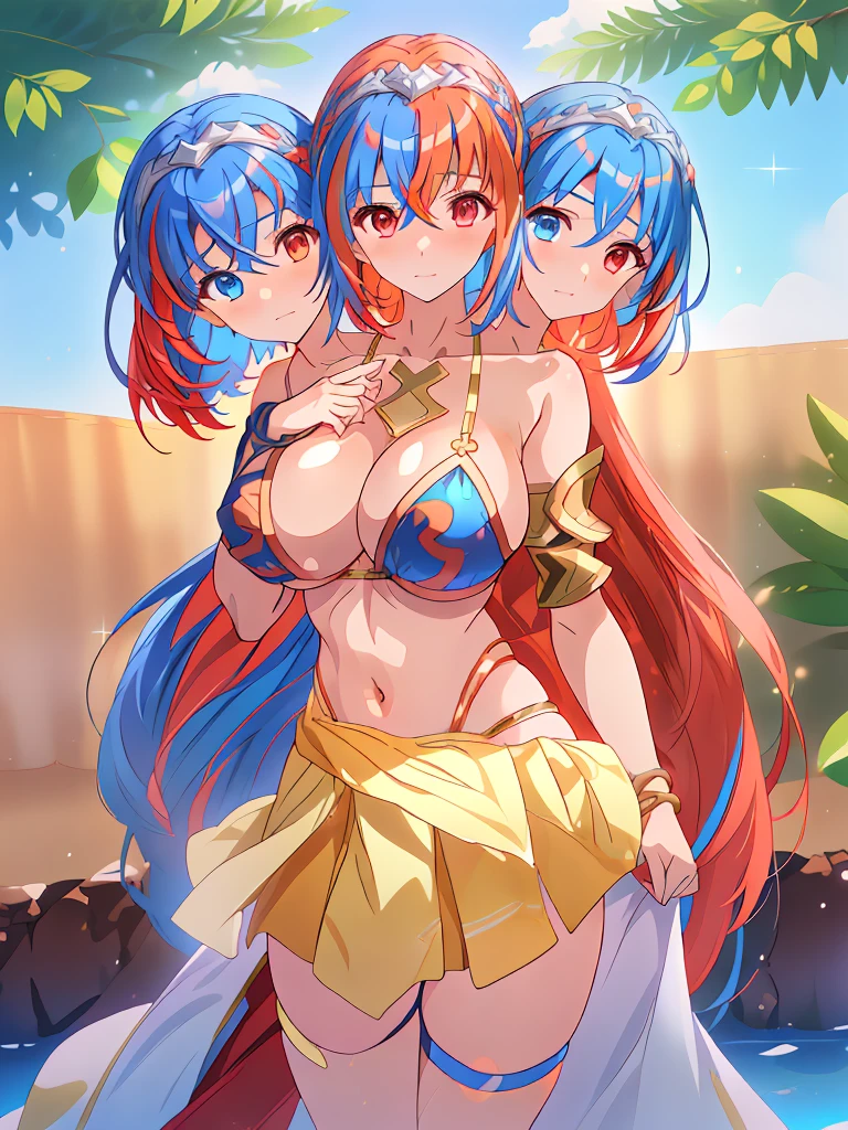 (extremely detailed CG),(best quality), (3heads:1.5), 1girl, alear \(fire emblem\), heterochromia, crossed bangs, split-color hair, tiara, swimsuit, two-tone bikini, bracelet, blue sarong, thighlet, thigh strap, huge tits,