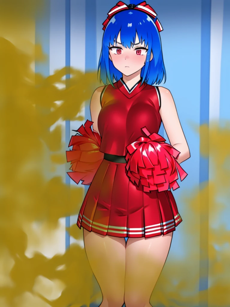 1 girl, blue hair, red eyes, Gel coat red shorts,(cheerleader:1.25), , Glue background, indoors, facing away from camera