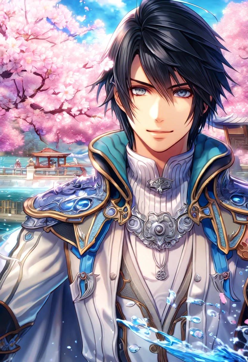 absurdres, highres, ultra detailed, HDR, master piece, Cid Raines, black hair, expressive gray eyes, Final Fantasy XIII, sexy man, handsome, best quality, cherry blossoms, flowers, fantasy, magical, solo, water, blossoms, pink petals, white cape, white gloves, white clothes, handsome smile