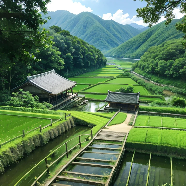 Original Japanese Landscape、nature、Light、Fantasy、Nostalgic、summer、beautiful、tradition、river、Country town、Overlooking、Paddy field