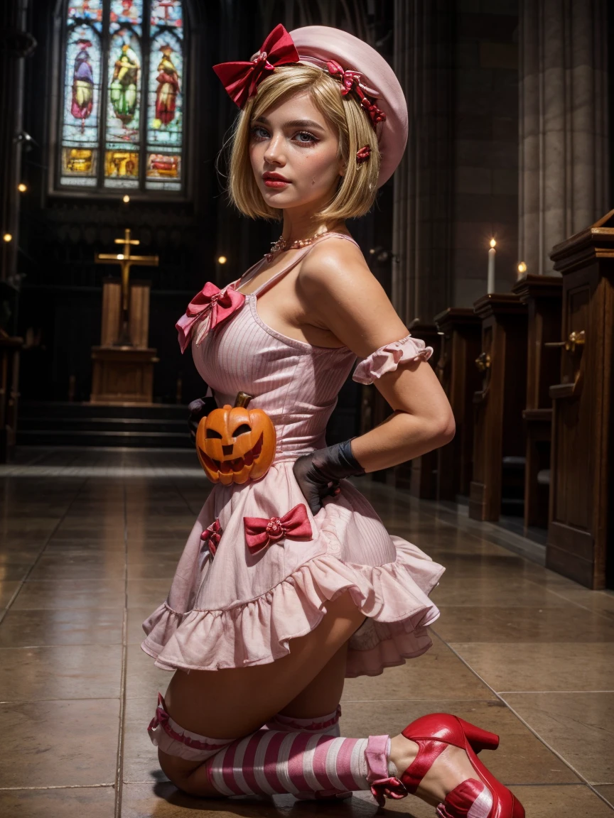(1 lady), The beautiful, (Best quality at best:1.4), (ultra - detailed), (extremely detailed CG unified 16k), gold blonde hair, very detailed, High-definition RAW color photo, professional photoshooting, amazing face and eyes, cosmetics, (amazingly beautiful girl), ((lambdadelta, tall woman, taller)), (both hands holding chandelier), looking at viewer, frontal position, centered position, ((dress, shoes bow, red shoes, striped stockings, red bow, pink hat, necklace, gloves, pearl, pumpkin brooch, pink dress)), standing, sexyposture，(Dark and stylish cathedral, stained glass, altar, before the altar, candle lights, candle lights:1.3), (look from down), realistic cinematic face, head to feet long wide zoomed out view, full body long view, photorealistic, ((realistic natural blonde hair style, honey eyes)), gorgeous, extremely beautiful face, perfect model beauty, pout mouth, flirting smile, cleavages, city girl, western, shopping in the city, (masterpiece), best quality, high resolution, extremely detailed, blurred background, depth of field, cinematic lighting, (amazing legs, strong legs, athletic legs), high heels, clear and well-cared skin