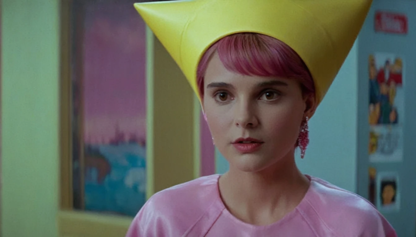 Hyperrealistic art of  Cinematic Closeup Shot Film Footage captured by Panavision Cameras and Lenses, young Natalie Portman with a naked short fancy pink hair, yellow crown in her pink hair, woman with a surprise look on her face looking at someone in a surprise look on herface in a room, yellow crown in her hair, yellow blouse, custome of Wanda from Fairly Oddparents, with blur background and perfect warm light on Fright Night 1985 Film Style, Analogic cam, Extremely high-resolution details, photographic, realism pushed to extreme, fine texture, incredibly lifelike