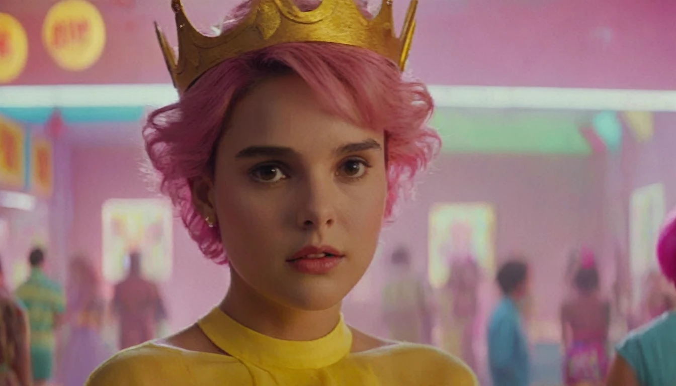 Hyperrealistic art of  Cinematic Closeup Shot Film Footage captured by Panavision Cameras and Lenses, young Natalie Portman with a naked short fancy pink hair, yellow crown in her pink hair, woman with a surprise look on her face looking at someone in a surprise look on herface in a room, yellow crown in her hair, yellow blouse, custome of Wanda from Fairly Oddparents, with blur background and perfect warm light on Fright Night 1985 Film Style, Analogic cam, Extremely high-resolution details, photographic, realism pushed to extreme, fine texture, incredibly lifelike