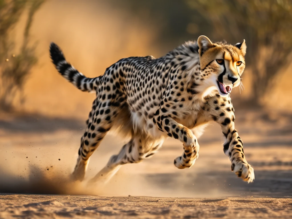 Still photo in motion, a biomechanical cheetah, running and jumping at high speed, over a hunting prey, motion blur, SIDE view, wide-angle shot, speed motion, debris, stones and dust jumping to the camera, SIDE shot, HIDG speed shot creates an exciting sensei of movenet and dynamism, 4k, high detail,