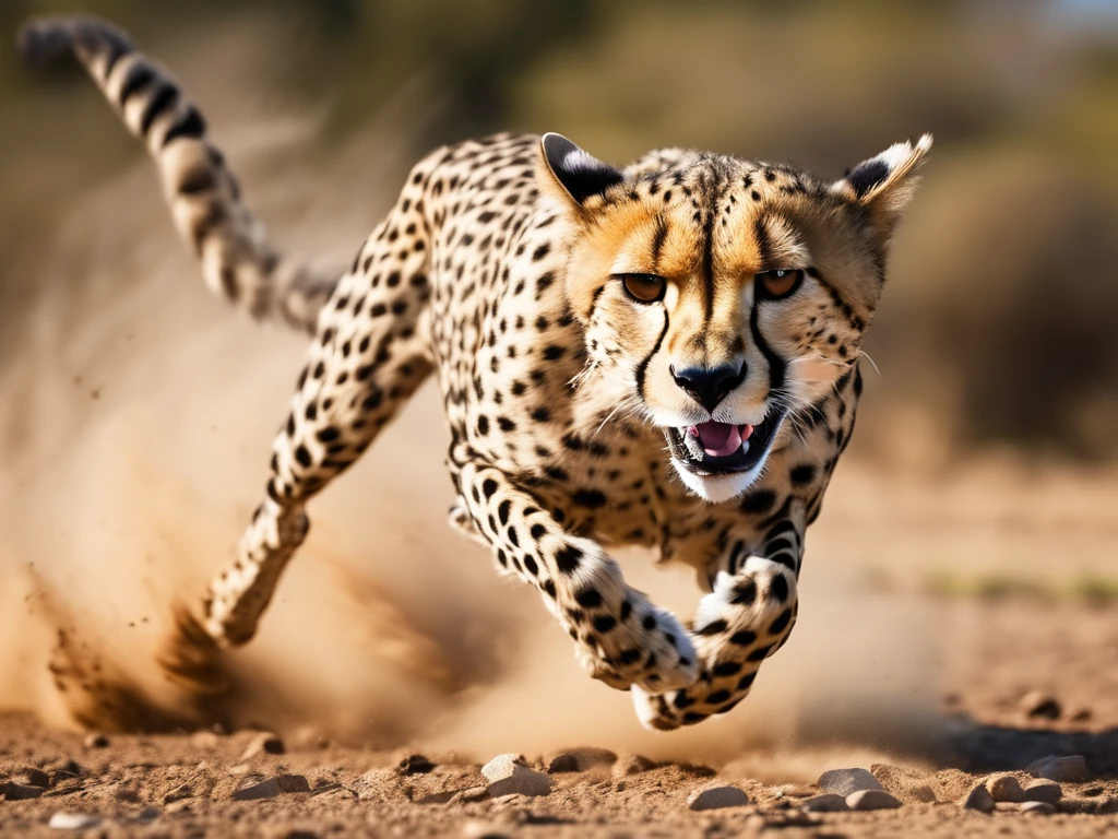 Still photo in motion, a biomechanical cheetah, running and jumping at high speed, over a hunting prey, motion blur, SIDE view, wide-angle shot, speed motion, debris, stones and dust jumping to the camera, SIDE shot, HIDG speed shot creates an exciting sensei of movenet and dynamism, 4k, high detail,