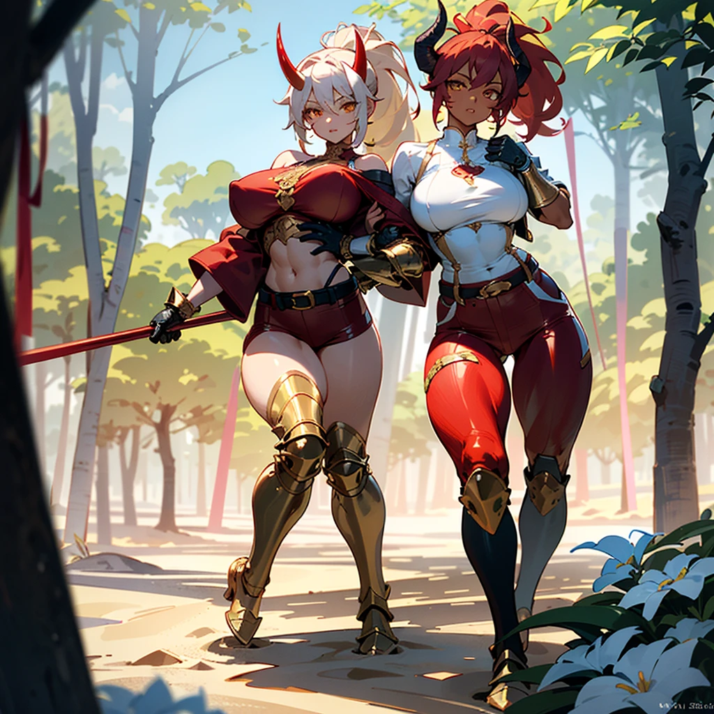 ((best quality)), ((masterpiece)), (detailed), 1girl, off-shoulder sweater, 8k_wallpaper, extremely detailed eyes, extremely detailed body, (large masterpiece digital art), ((perfect anatomy huge chest)), (intricate details:1.3), (ultra-detailed:1.3), (sharp focus:1.3), (natural lighting:1.05), (vivid colors:1.3), (best quality:1.4), high quality, expressive eyes, full body, tall girl, detailed face, beautiful face, perfect face, detailed ((sand hair)), (gold eyes), ((big red horns)), {{dark skin}}, ({dark skinned female}), gigantic breasts, thick thighs, a young Korean woman, (with golden eyes), (ponytail sandy lush hair), {tanned dark bronze skins), powerful sculpted leg muscles, powerful sculpted arm muscles, powerful sculpted abdominal muscles, sculpted thigh muscles, wears a red coat with rolled up sleeves, gold-colored steel heavy armor, a wide red leather belt with silver thread, leather pants with steel thigh guards, leather steel gloves, walking through the forest, trees with blue foliage and white flowers,