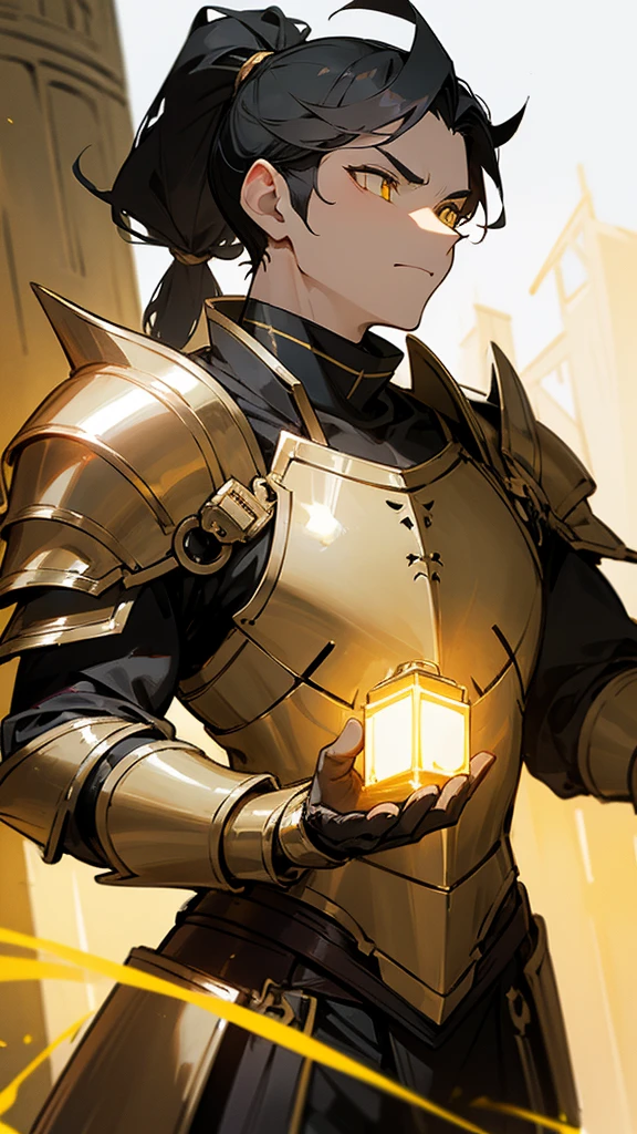 man with a black ponytail wearing gold armor and has yellow eyes and a goatee holding a light post