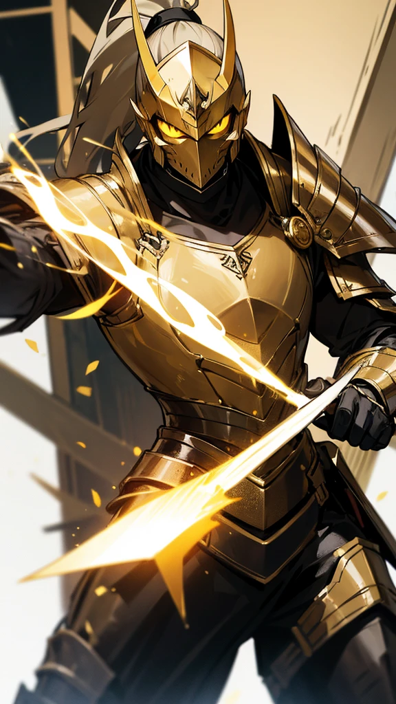  man with a black ponytail wearing gold armor and has yellow eyes and a goatee holding a light post