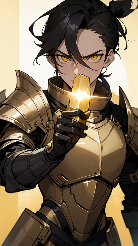  man with a black ponytail wearing gold armor and has yellow eyes and a goatee holding a light post