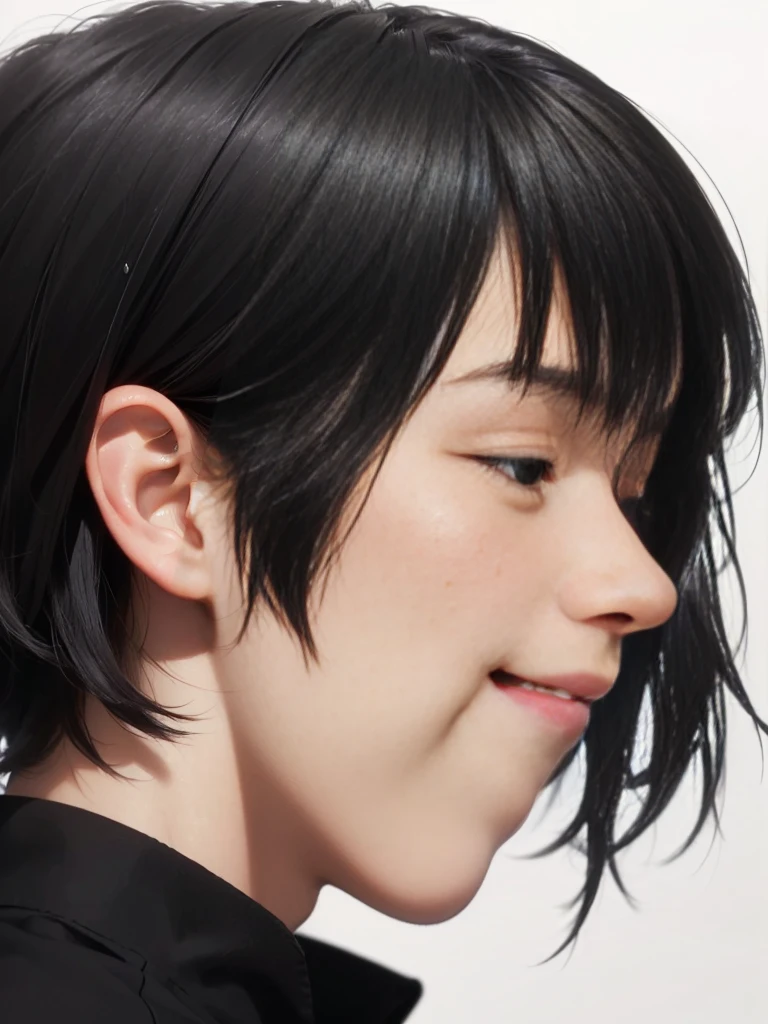 (((Masterpiece))), (high quality), one Japanese boy, 18 years old,(tall and thin,sleepy droopy eyes, long face,thin cheeks:1.5),(black shaggy short hair,blank expression,smile:1.5),Short Hair,Perm,White shirt,(profile:1.5),(Plain background:1.5),