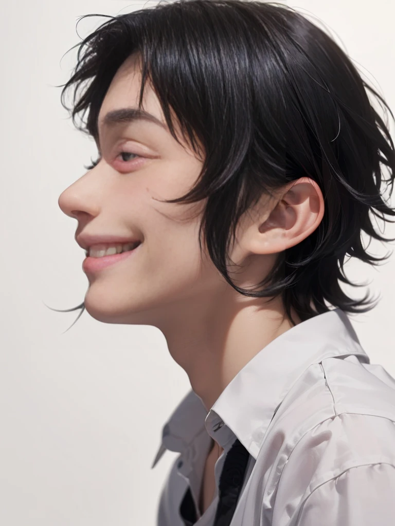 (((Masterpiece))), (high quality), one Japanese boy, 18 years old,(tall and thin,sleepy droopy eyes, long face,thin cheeks:1.5),(black shaggy short hair,blank expression,smile:1.5),Short Hair,Perm,White shirt,(profile:1.5),(Plain background:1.5),
