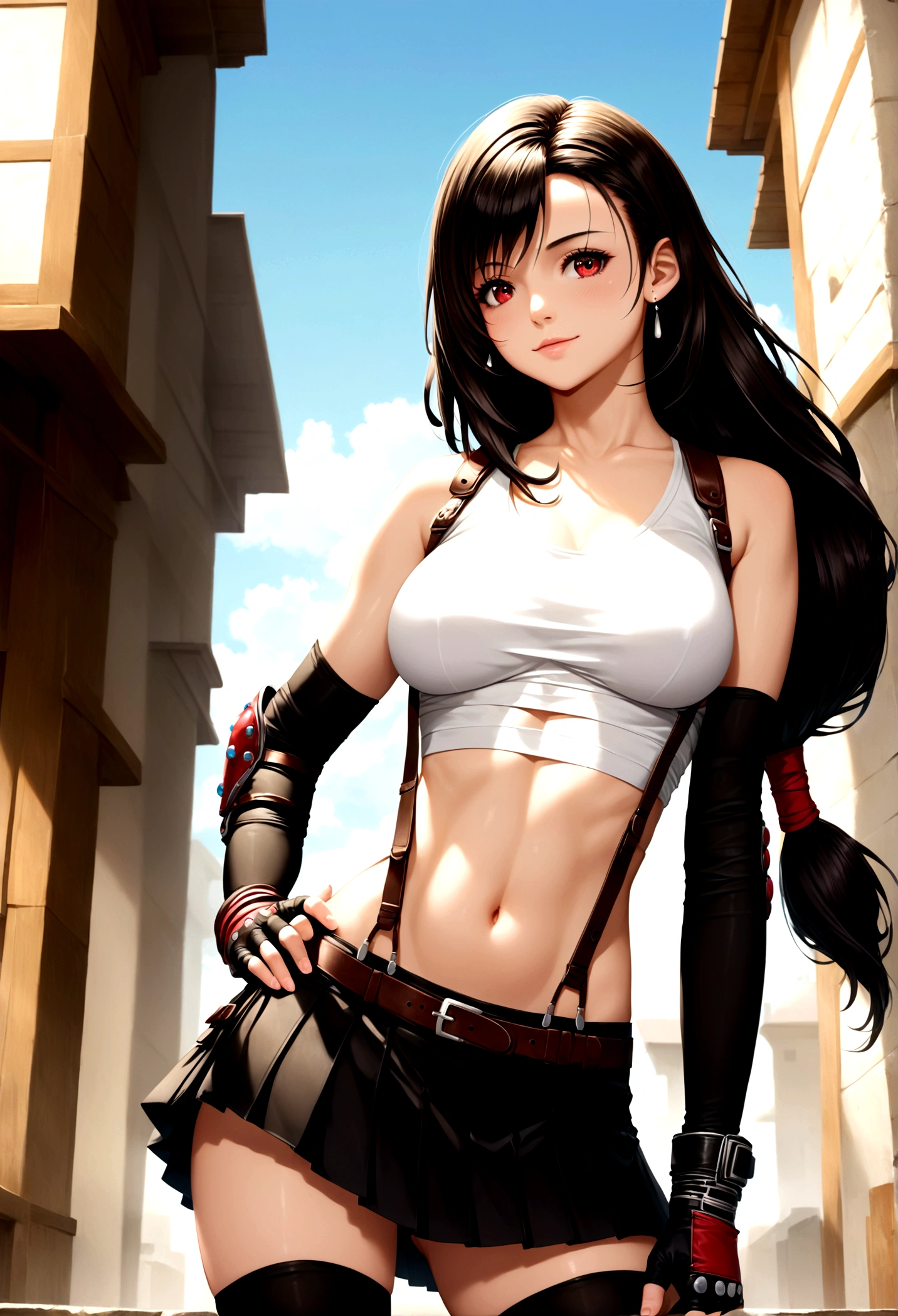 score_9, score_8_up, score_7_up,score_6, score_5,BREAK , ,from side,front view,side angle,pov,,,standing,contrapost,upperbody ,,straight-on,Solo,1girl, tifa lockhart, final fantasy,ultra beautiful ,black hair, low-tied long hair, red eyes, bangs, (white tank top,gap) (belt, pleated skirt, thighhighs, elbow fingerless gloves, elbow pads, midriff, navel,suspenders.skirt),beautiful waist ,((large_breast:1.3)),light smile,,hand on own hip,daytime,outdoor,(ultra detailed),(best quality),(aesthetic,very aesthetic),UHD,photorealistic,extremely detailed CG unity 8k wallpaper,anime,depth of field,,,