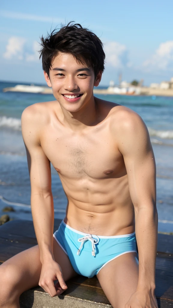 male Age 21 swimwear topless smile