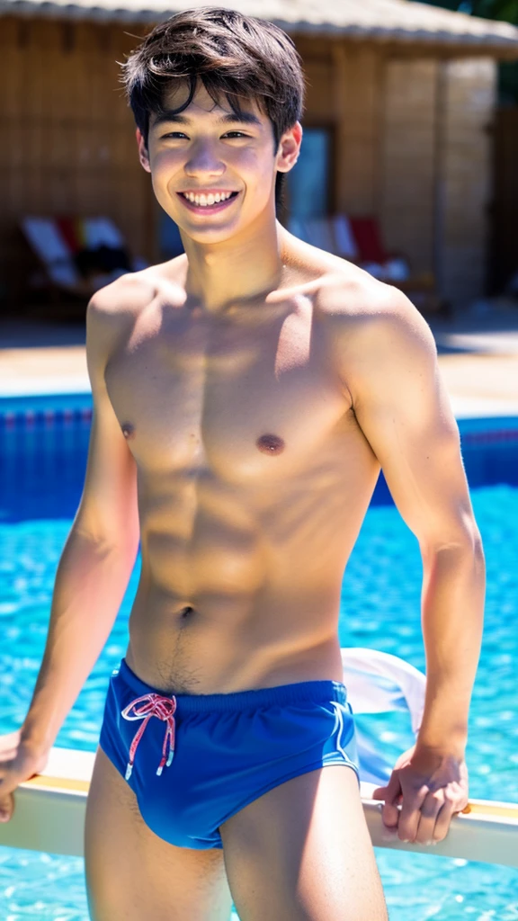 male Age 21 swimwear topless smile