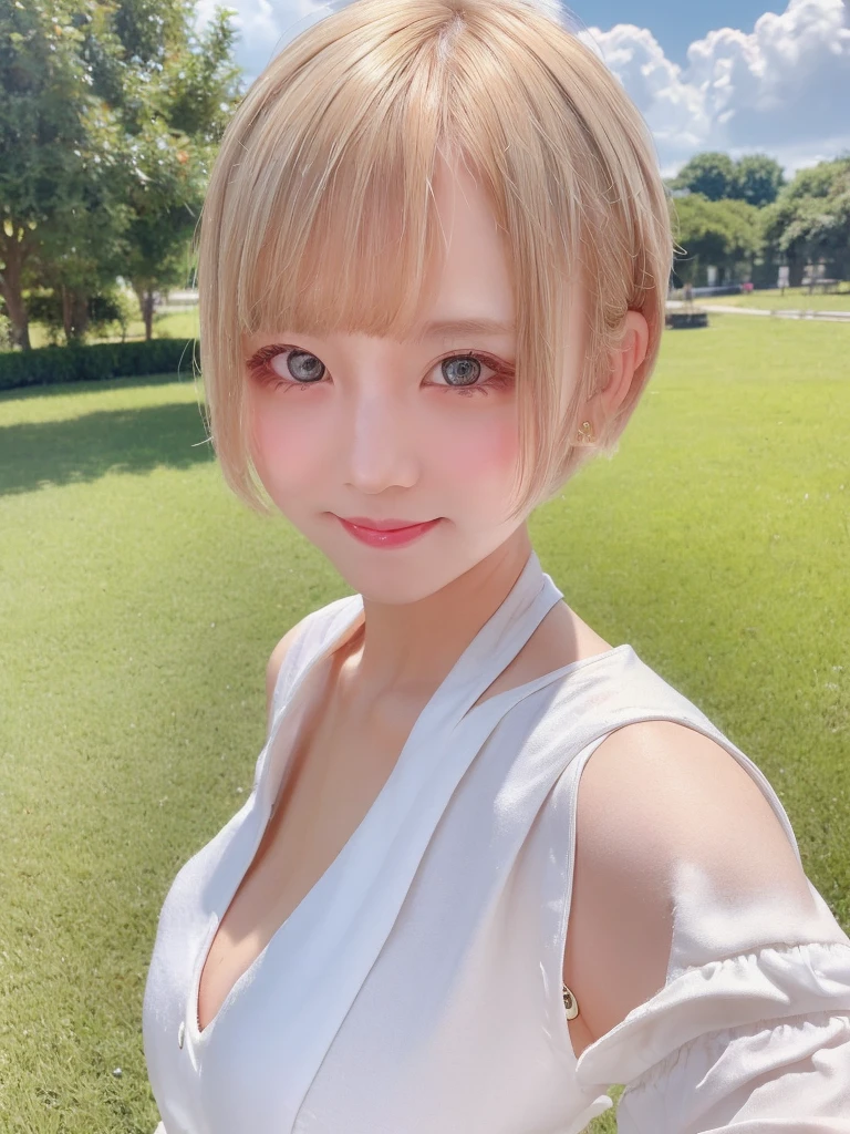 A girl with white skin and short hair。Blonde hair, big dark eyes, wearing summer clothes, sophisticated touch, full upper body, Pulling back,Her appearance will be impressive, Smiling and very cute,Attracts curious and inquisitive gazes.Selfie style,masterpiece, Attention to detail, high quality, 4K.