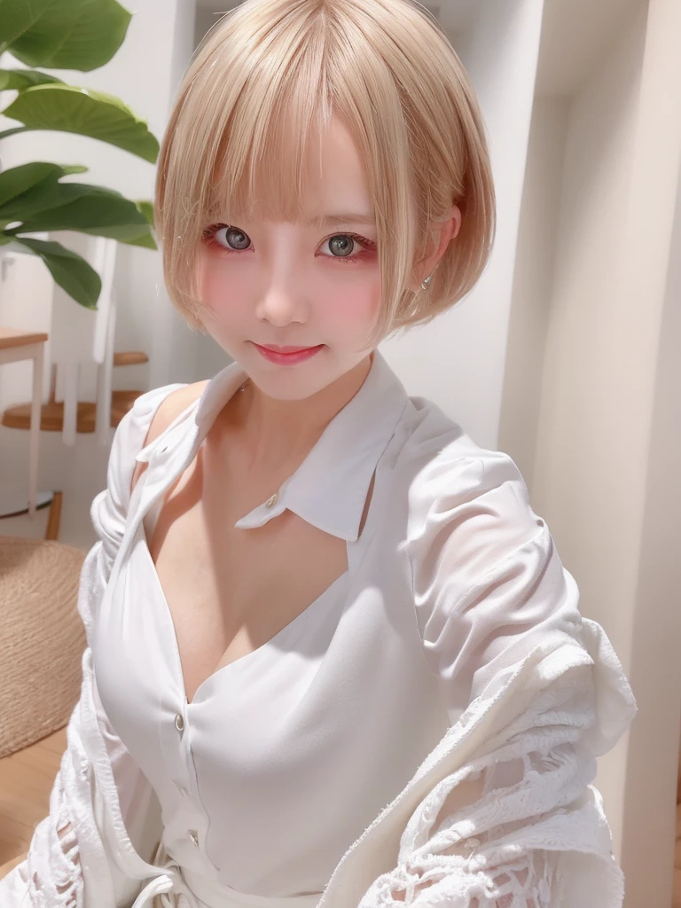 A girl with white skin and short hair。Blonde hair, big dark eyes, wearing summer clothes, sophisticated touch, full upper body, Pulling back,Her appearance will be impressive, Smiling and very cute,Attracts curious and inquisitive gazes.Selfie style,masterpiece, Attention to detail, high quality, 4K.