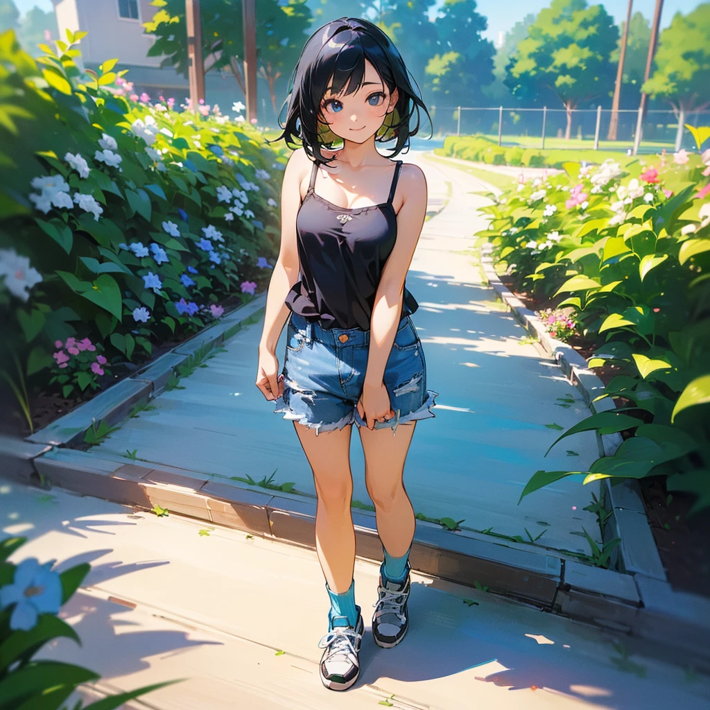 (high quality, High resolution, Very detailed, reality:1.37), Peaceful atmosphere, (Outdoor, garden), Teenage girl standing alone, (my breasts are big.), Beautiful details, Cute Smile, (Black bob hair), camisole, Denim shorts, Blue socks, sneakers.