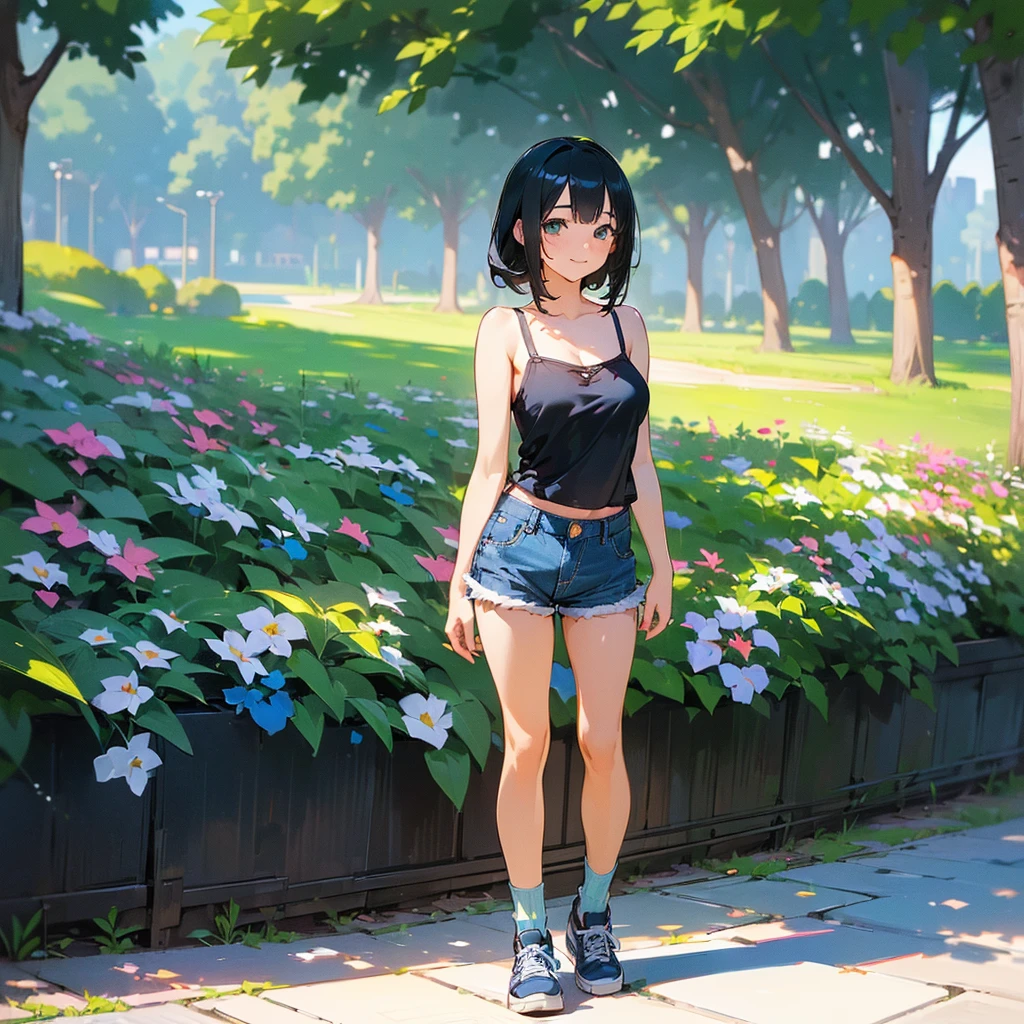 (high quality, High resolution, Very detailed, reality:1.37), Peaceful atmosphere, (Outdoor, garden), Teenage girl standing alone, (my breasts are big.), Beautiful details, Cute Smile, (Black bob hair), camisole, Denim shorts, Blue socks, sneakers.