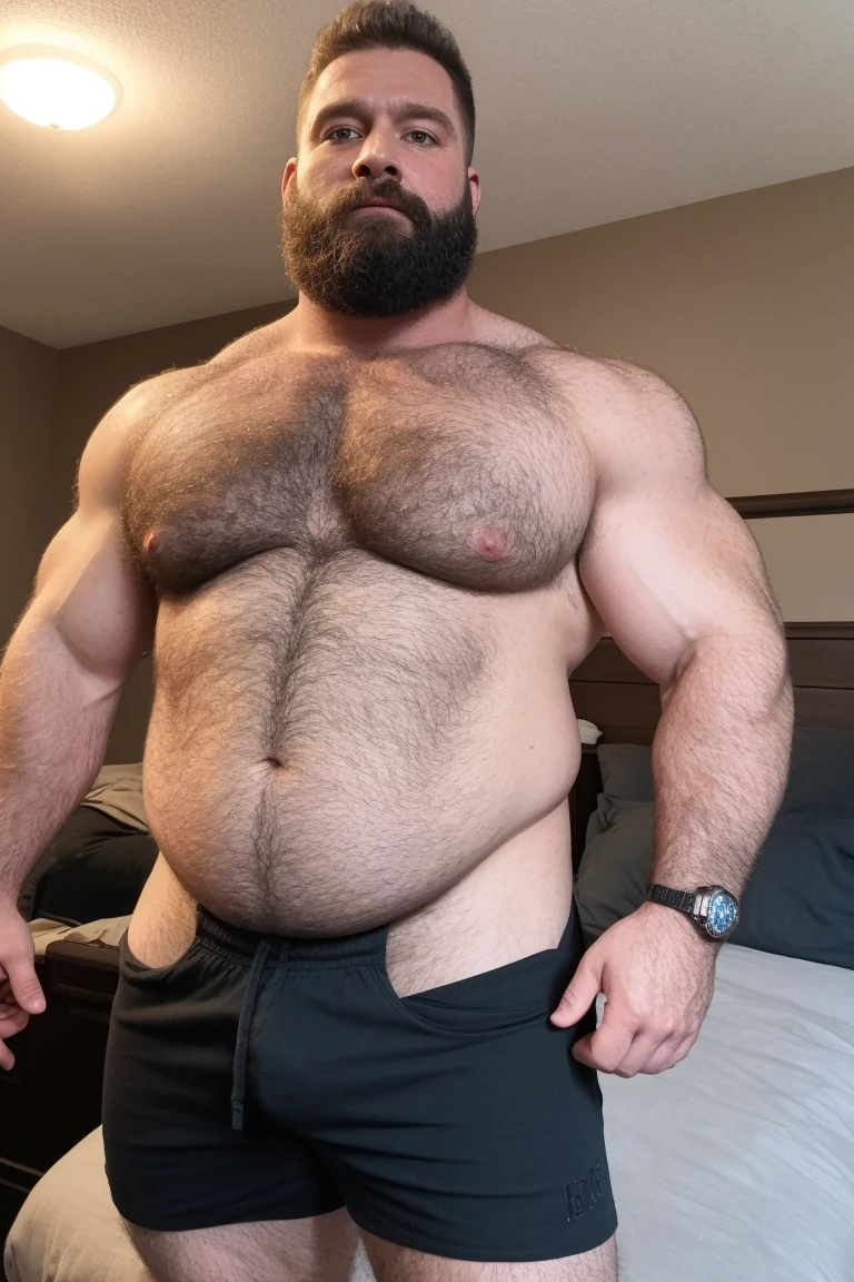 8K HDR Very Extremely Realistic Very Detailed High Quality 8K HDR Very Realistic 46 year old daddy rugged bodybuilder muscle bears man, 8KHDR very realistic detailed hairy, 8KHDR very realistic beared big daddy muscle bear, and 8KHDR very realistic detailed rugged burly man in shorts. 8KHDR Very Realistic legs, 8KHDR very realistic hair, 8KHDR very realistic beards, 8KHDR very realistic thick chubby fat neck, 8KHDR very realistic neck lines, 8KHDR very realistic detailed neck, 8KHDR very realistic belly, 8KHDR very realistic burly chest, 8KHDR very realistic detailed hairy burly strong chest and arms, 8KHDR very realistic detailed hairy burly strong chest and arms, 8KHDR very realistic pecs, 8KHDR very realistic burly muscle bear body, 8KHDR very realistic nipples, 8KHDR very realistic burly muscle bear body, 8KHDR very realistic face, 8KHDR very realistic detailed face, 8KHDR very realistic eyes, 8KHDR very realistic detailed eyes, 8KHDR very realistic pupils, 8KHDR very realistic detailed pupils, 8KHDR very realistic head, 8KHDR very realistic waist, 8KHDR very realistic facial features, 8KHDR very realistic burly arms, 8KHDR very realistic elbows, 8KHDR very realistic hands, 8KHDR very realistic pecs, 8KHDR very realistic belly, 8KHDR very realistic human man body, 8K HDR very realistic bellybutton, 8KHDR very realistic wrists, 8KHDR very realistic fingers, 8KHDR very realistic fingernails, 8KHDR very realistic shoulders, 8KHDR very realistic mouth, 8KHDR very realistic lips, 8KHDR very realistic mens clothing, 8KHDR very realistic detailed mens clothing. 8KHDR Very Realistic Hairy Bearded Burly Muscle bear Photoshoot, 8KHDR A very realistic burly muscle bear man in a bedroom, 8KHDR Very Realistic Ultra-detailed, 8KHDR very realistic detailed bedroom surroundings, 8KHDR very realistic surroundings lighting, No Deformities, captured with a 85mm lens, 8K HDR Clear HDR Quality, ( best quality, highres, realistic:1.37), Super real detailed skin, Ultra-detailed