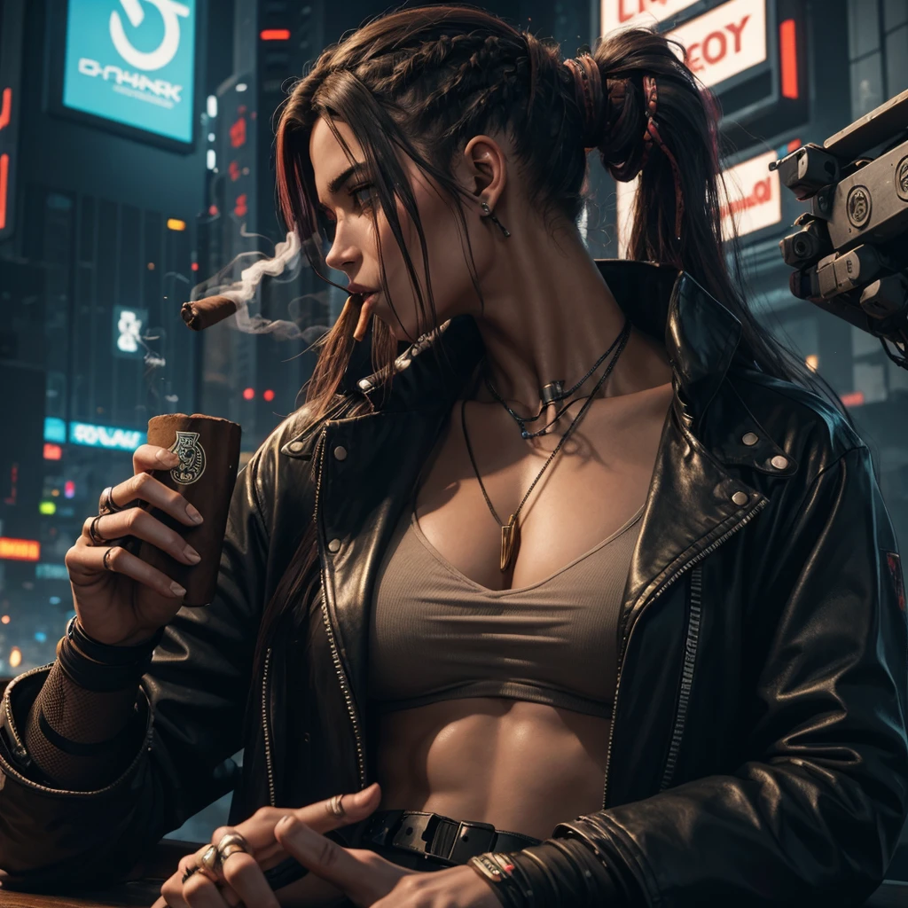 Masterpiece, ultra realistic cyberpunk bar, 50-year-old detective at the counter sipping whiskey, singer on stage, in the background, in glittering dress BR --auto --s2